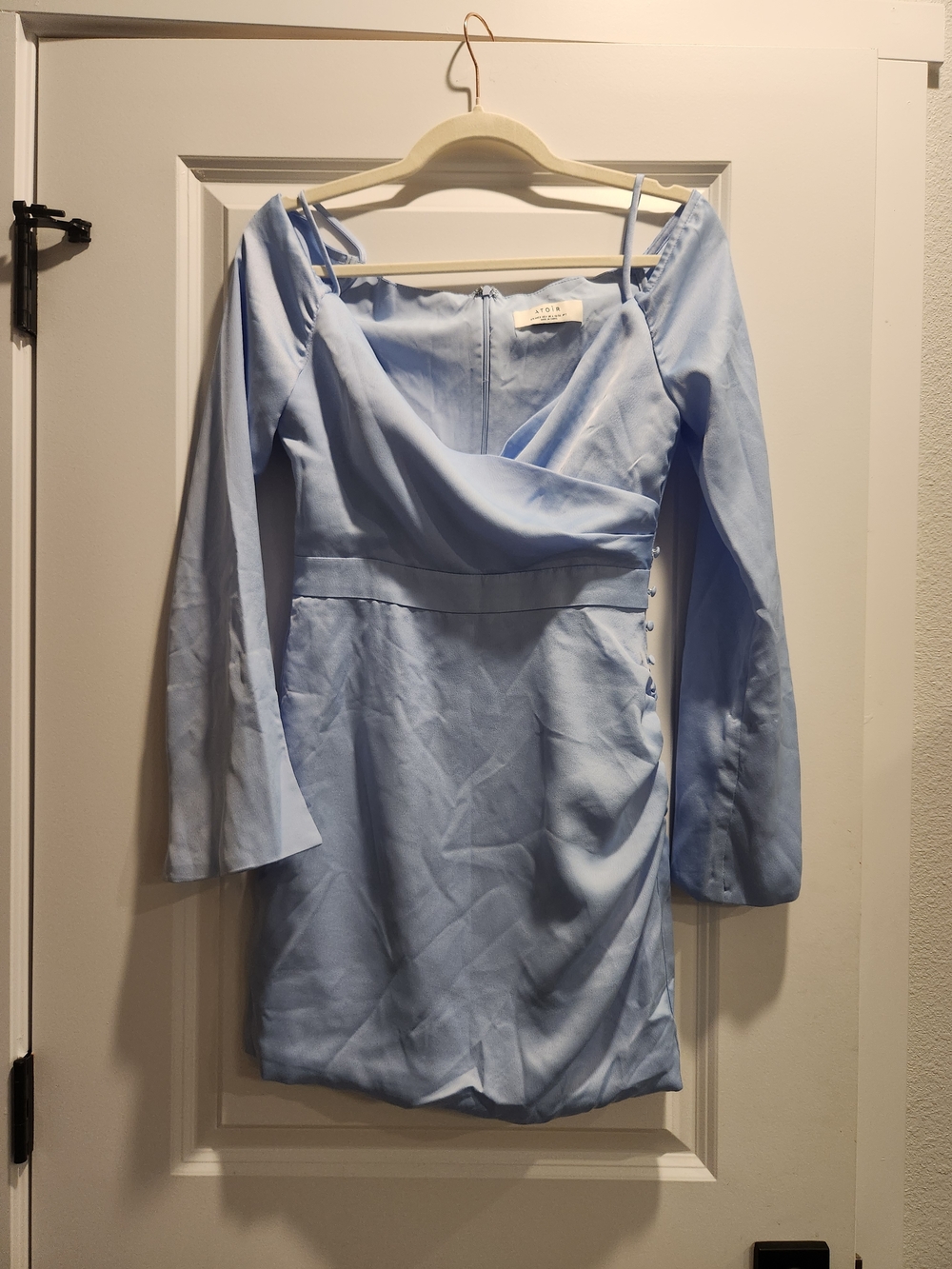 Atoir Powder Blue Off-Shoulder Long Sleeve Wrap Dress